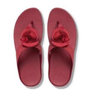 Fitflop Florrie Wedge Sandals Thong Floral Red Leather S/N C92-203 Womens US 9